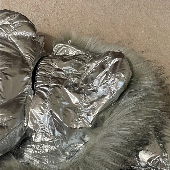 Long Silver Puffer Coat with Hood - Picture 4 of 8